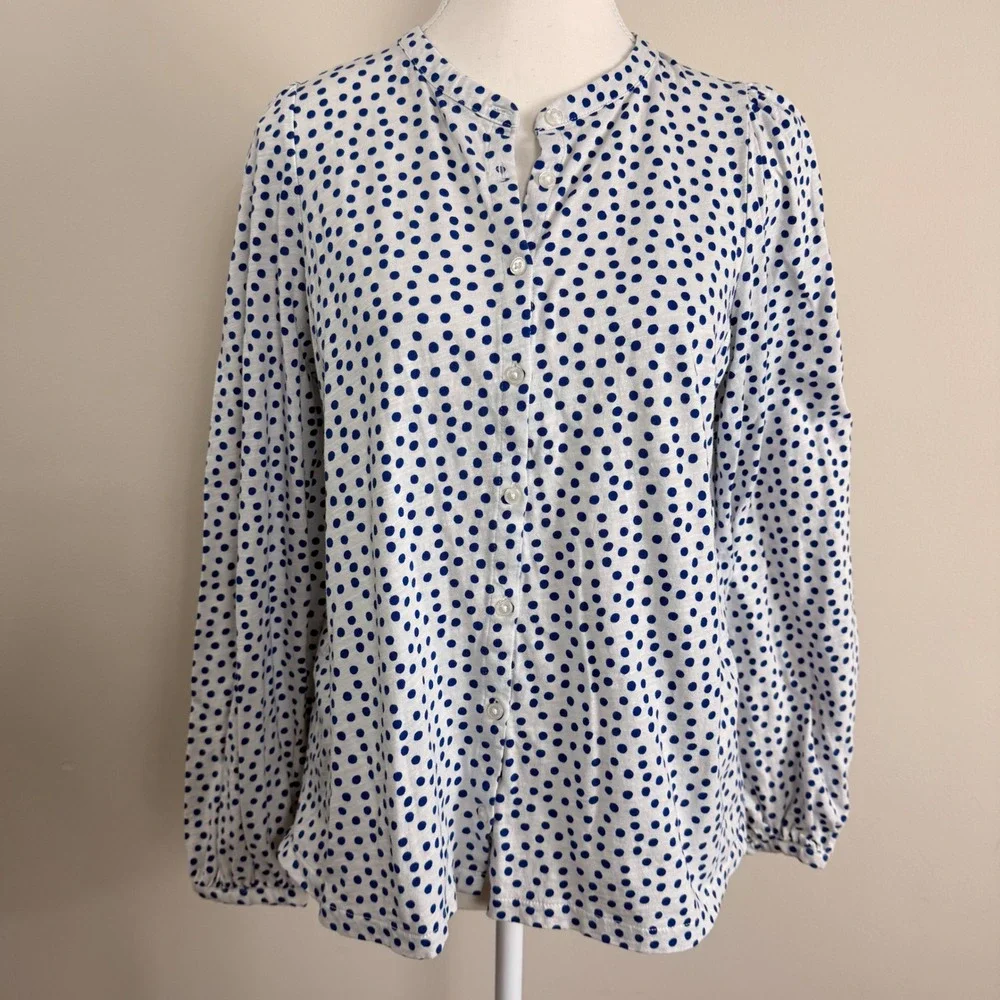 BODEN Blue White Polka Dot Button Front Blouse Puff Sleeve Band Collar Top US‎ 8